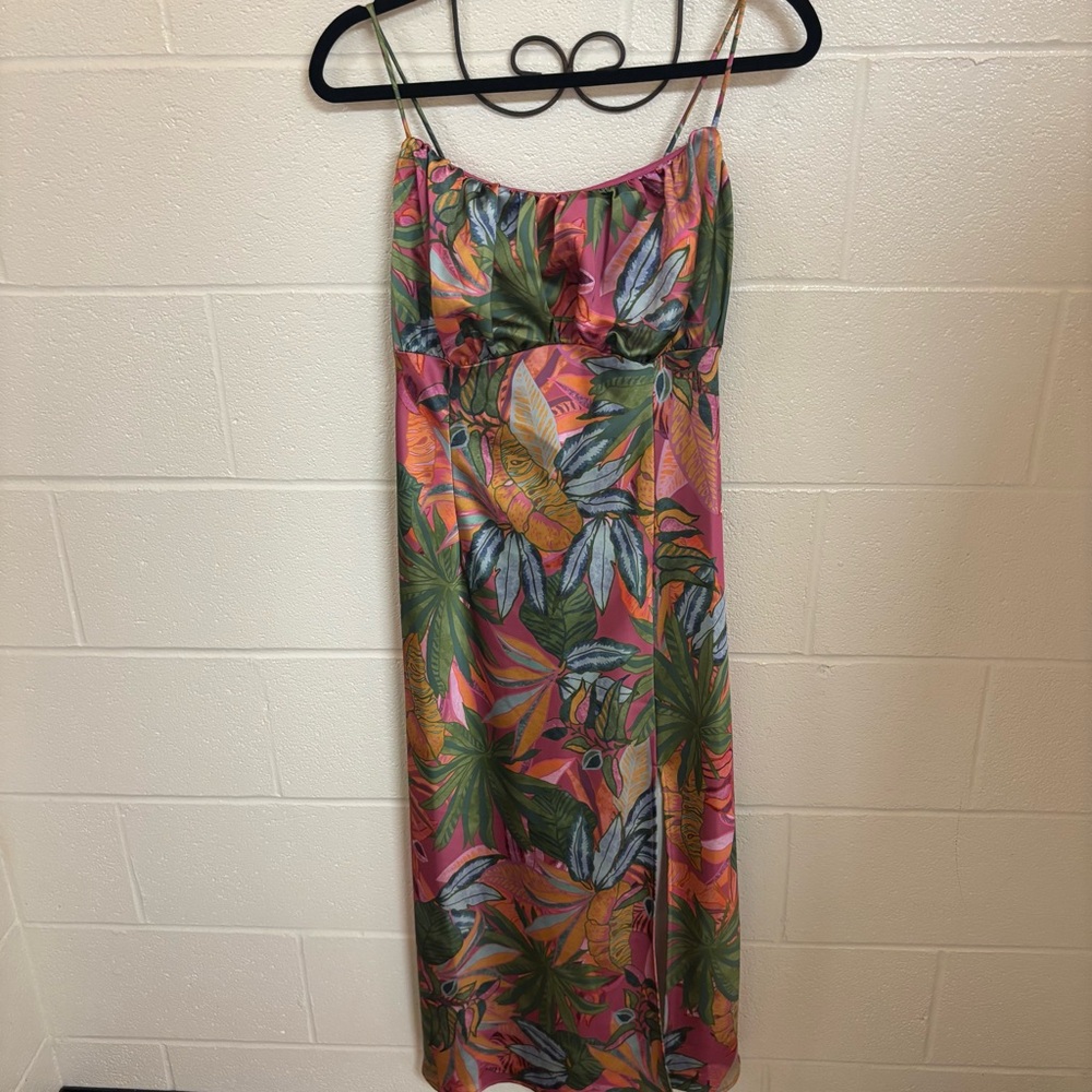 Floral tropical print satin maxi dress